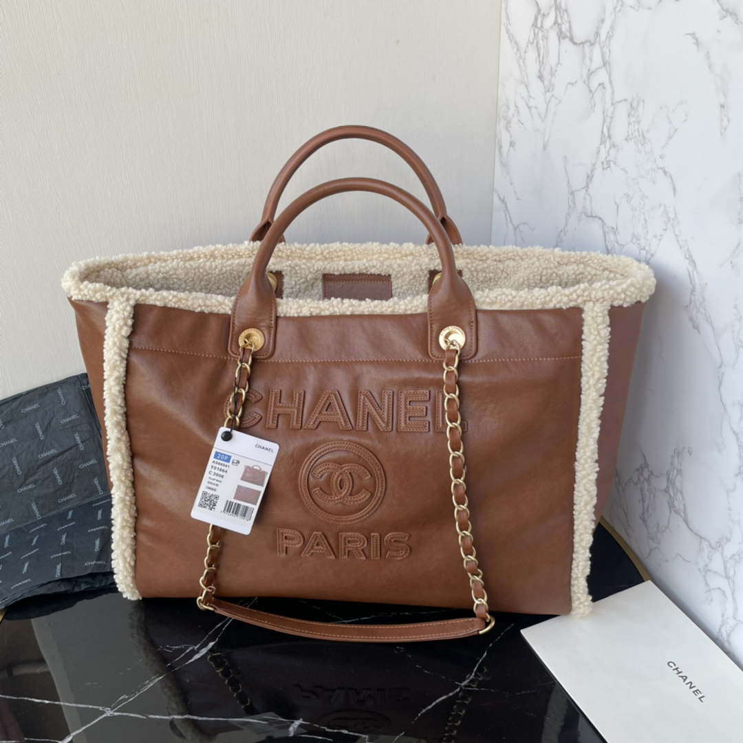 Chanel A66941 Large Tote Shearling Lambskin Brown Beige