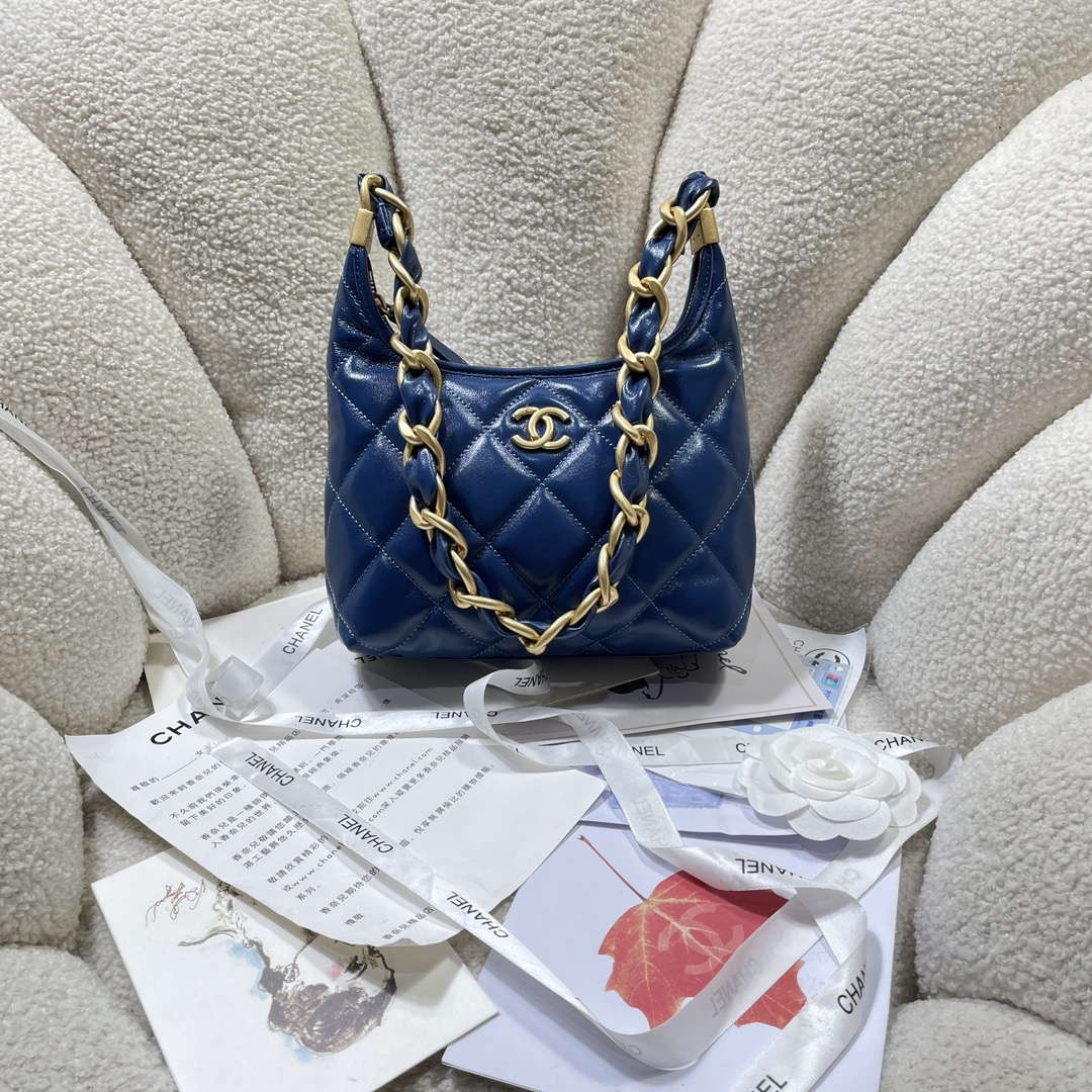 Chanel AS4922 Small Hobo Bag Shiny Lambskin Navy Blue