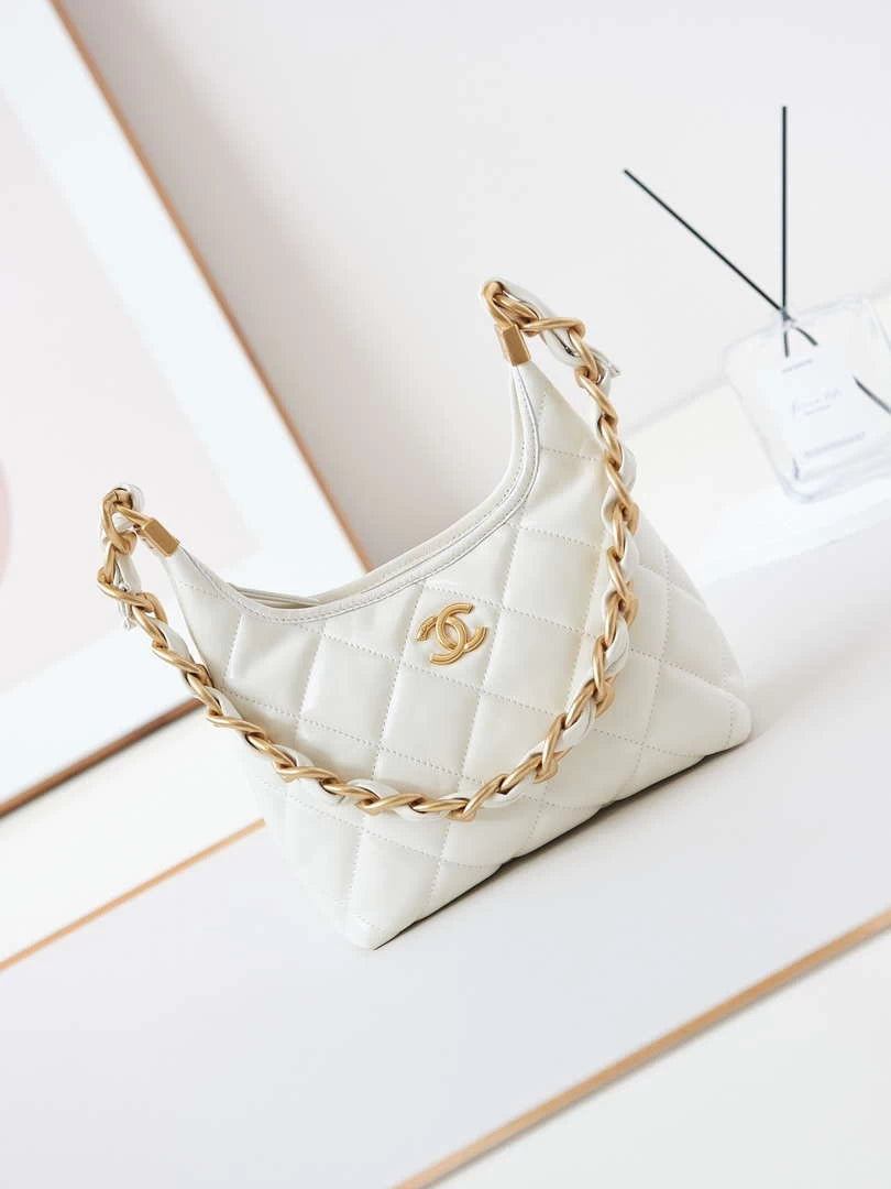 Chanel AS4922 Small Hobo Bag Shiny Lambskin White