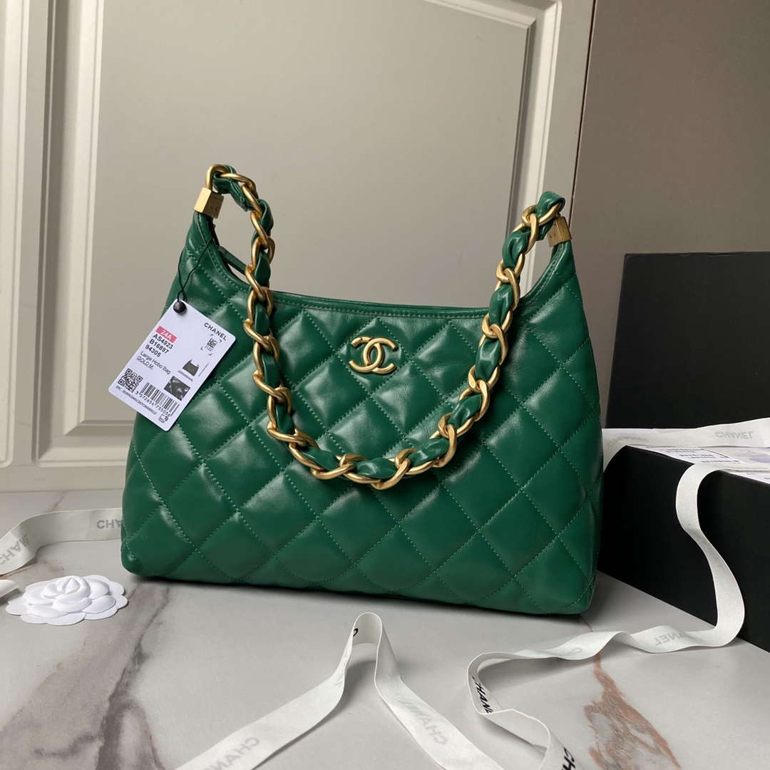 Chanel AS4923 Large Hobo Bag Shiny Lambskin Dark Green