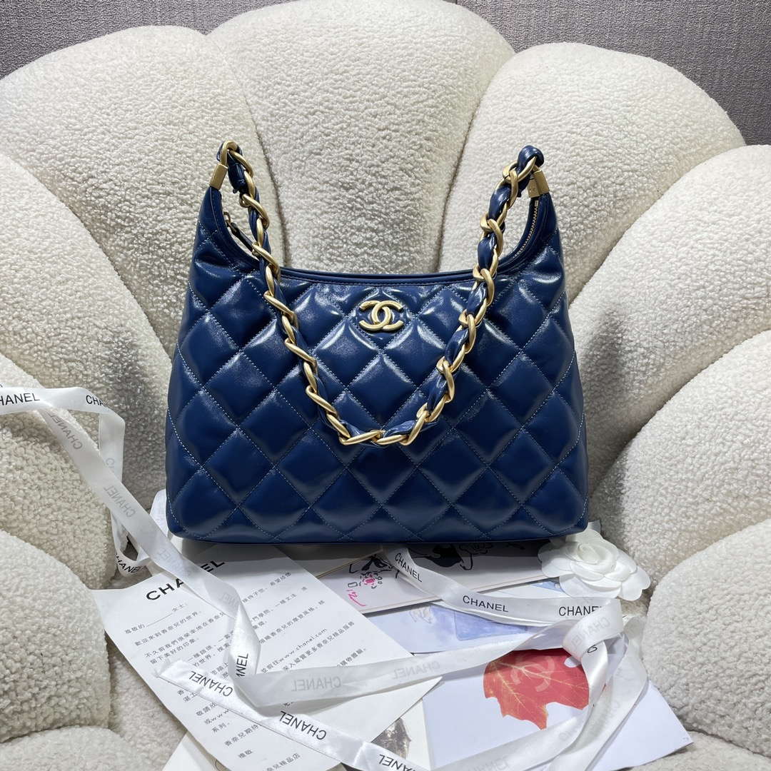 Chanel AS4923 Large Hobo Bag Shiny Lambskin Navy Blue