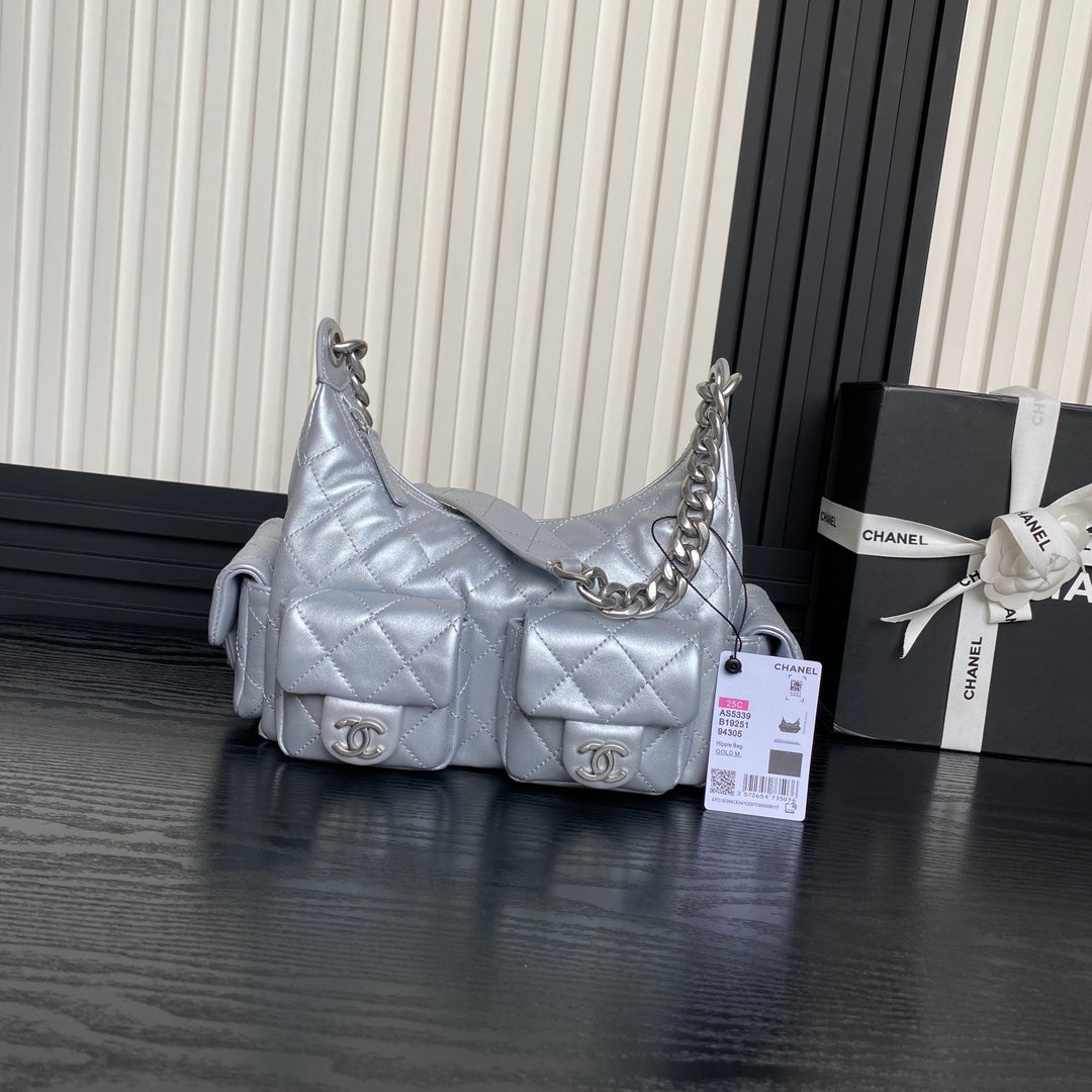 Chanel AS5339 Small Hobo Shiny Lambskin Silver
